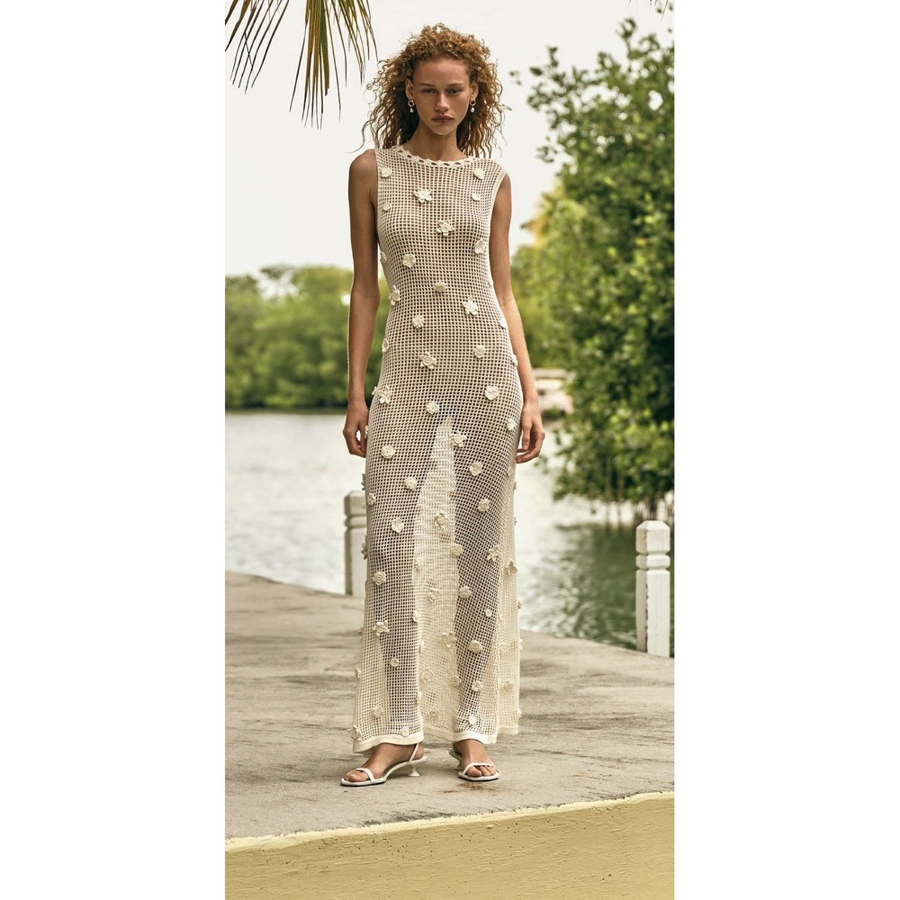 Cult Gaia $798 Vermeer Dress Crochet Flower Cotton Yarn Maxi Bachlorette Bridal